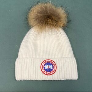 Canada Goose White Beanie with Fur Pom